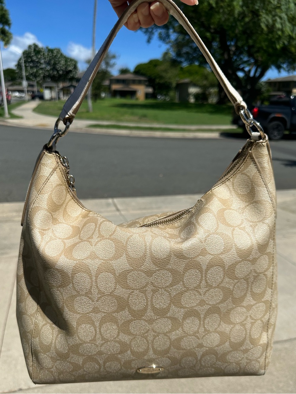 Coach Celeste Signature CC Hobo Shoulder Bag Light Khaki Chalk Circa 2015